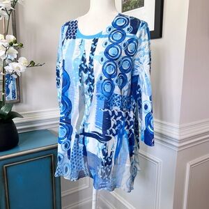 NWOT Jess and Jane Ocean Blue 3/4 Sleeve Slub Knit Top Chiffon Hem Size L
